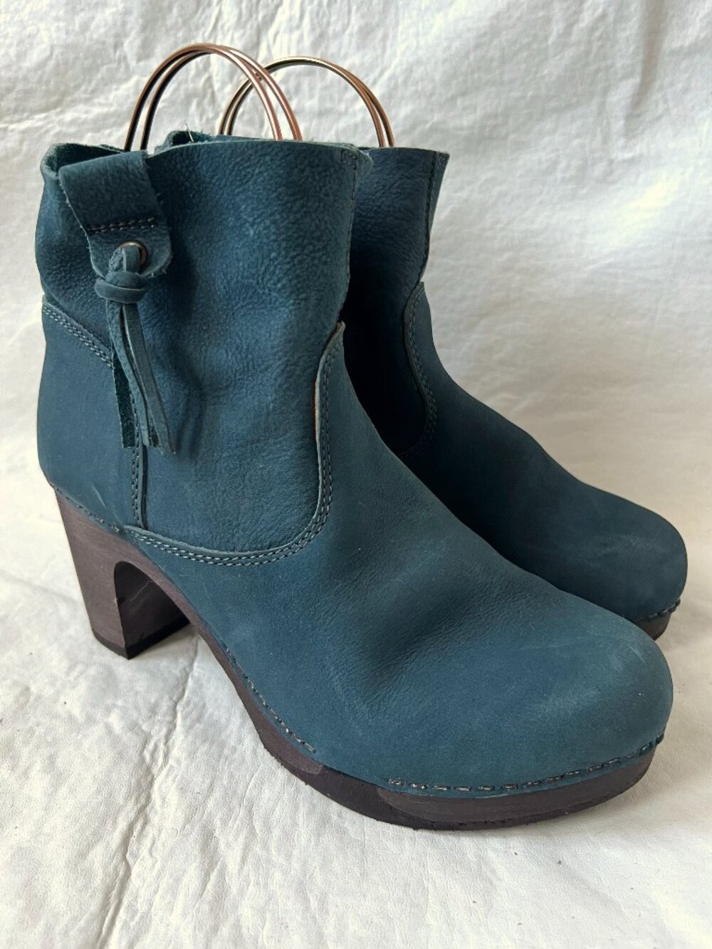 Sanita boots clog booties blue leather platform block heel wood 40 9.5 10 Viva